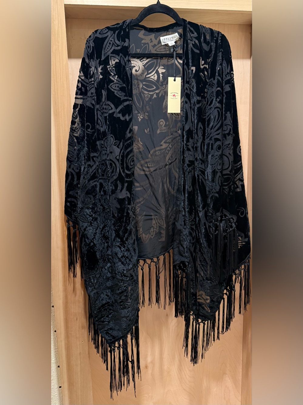 Idyllwind Black Velvet Burnout Fringe Kimono Jacket Size Large/XL